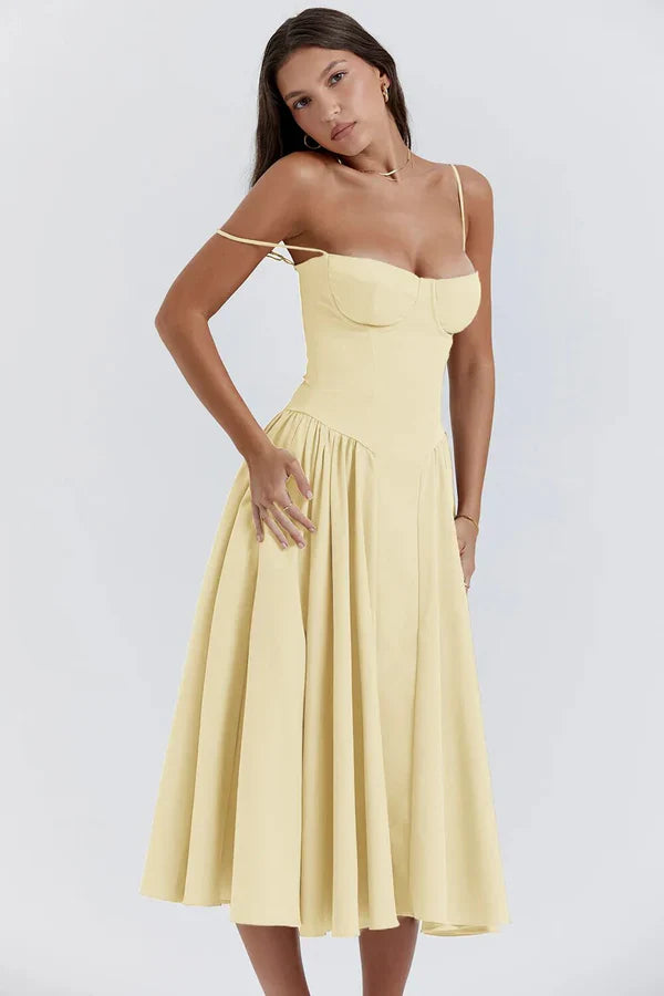 Summer Wedding Guest Dress - Flared Skirt with Spaghetti Straps