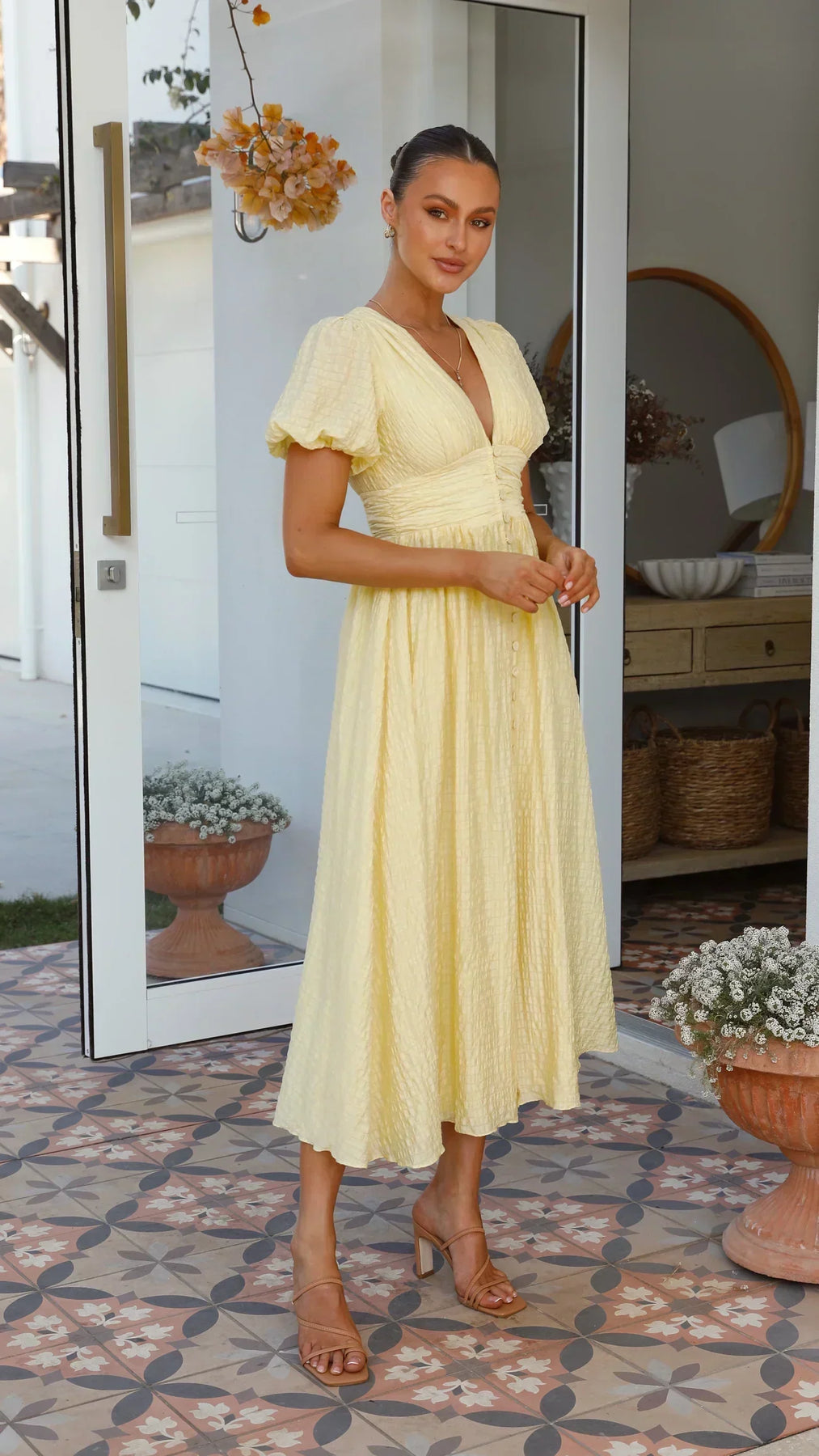 Textured Puff Sleeve Midi Dress Women