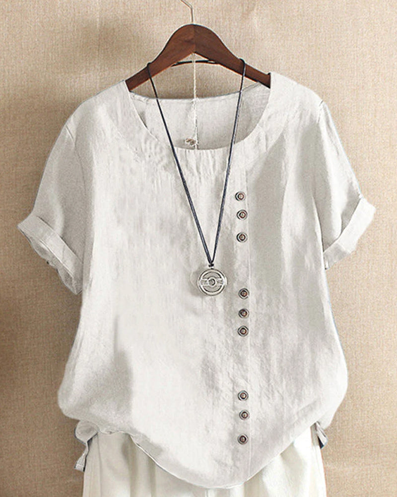 Unicolored Short Sleeve Blouse - Round Neckline