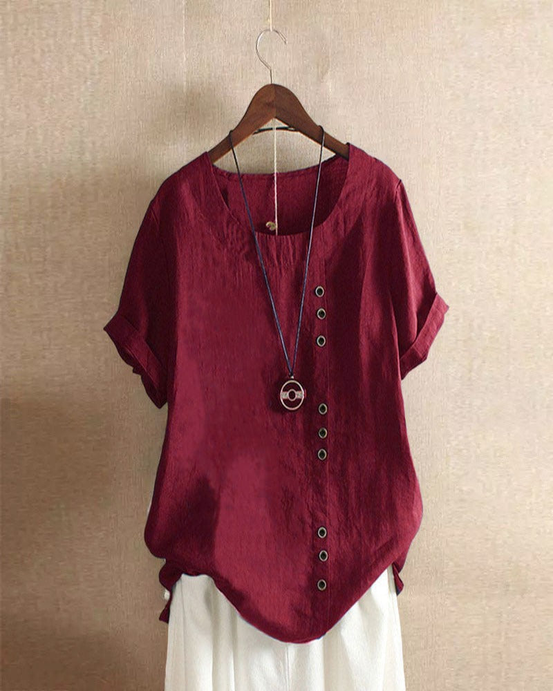 Unicolored Short Sleeve Blouse - Round Neckline