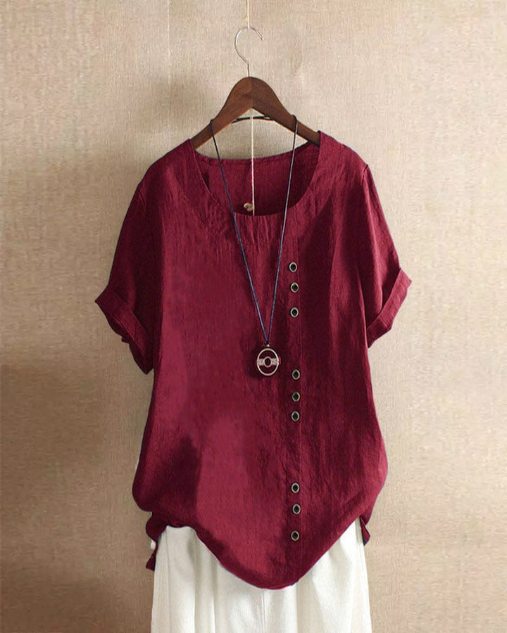 Unicolored Short Sleeve Blouse - Round Neckline