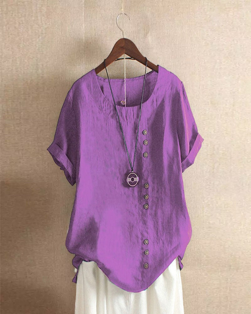 Unicolored Short Sleeve Blouse - Round Neckline