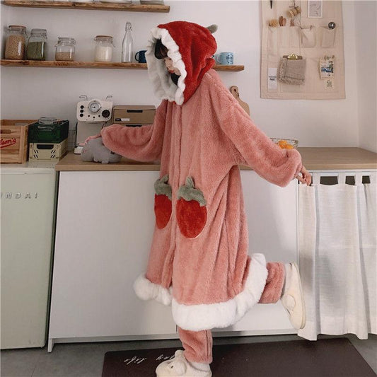 Upstyle plush pajamas with strawberry hood and pocket