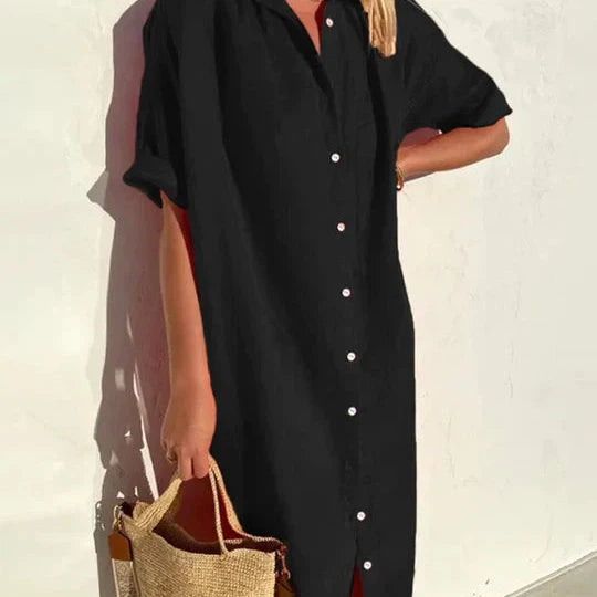 V-neck shirt dress made of single-colored cotton