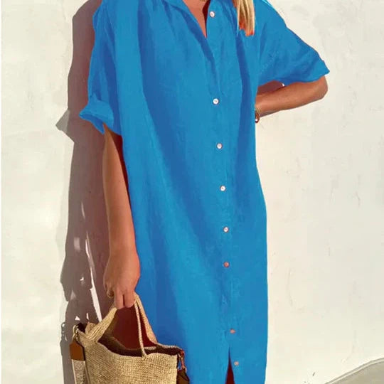 V-neck shirt dress made of single-colored cotton