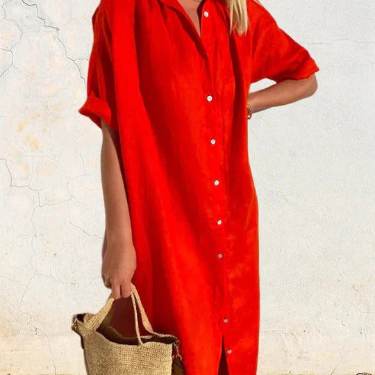 V-neck shirt dress made of single-colored cotton