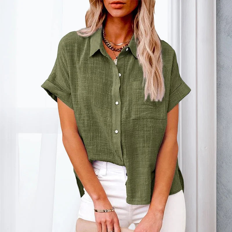 Vinero Women's Solid Color Bag Short Sleeve Cotton Linen Shirt