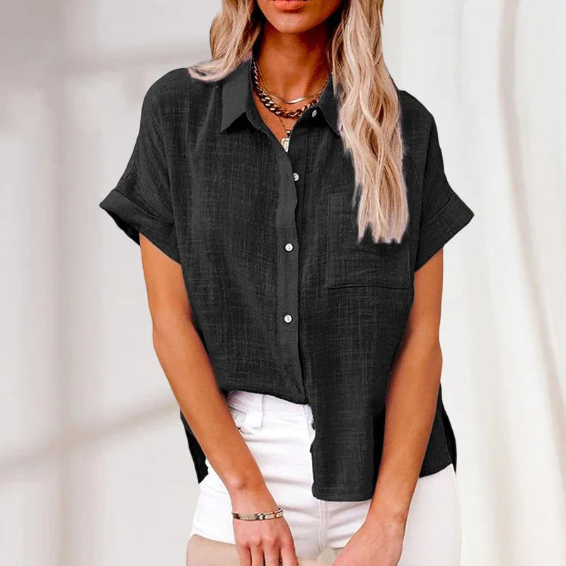 Vinero Women's Solid Color Bag Short Sleeve Cotton Linen Shirt