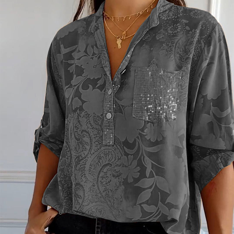 Women’s Printed Blouse with Collar – Half Button Placket and Adjustable Sleeves