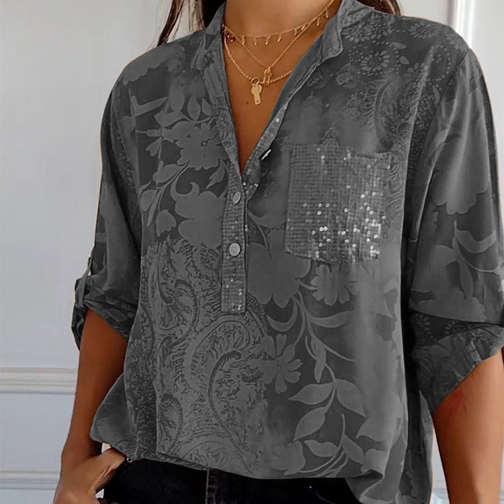 Women’s Printed Blouse with Collar – Half Button Placket and Adjustable Sleeves