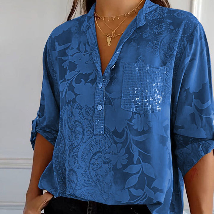 Women’s Printed Blouse with Collar – Half Button Placket and Adjustable Sleeves