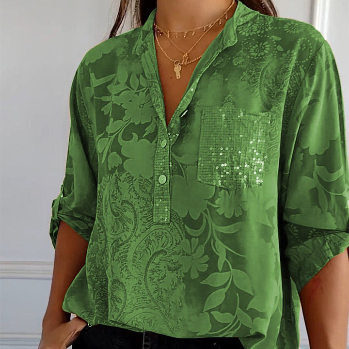 Women’s Printed Blouse with Collar – Half Button Placket and Adjustable Sleeves