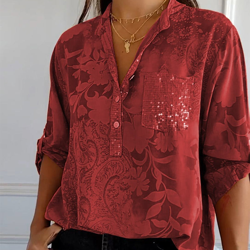 Women’s Printed Blouse with Collar – Half Button Placket and Adjustable Sleeves