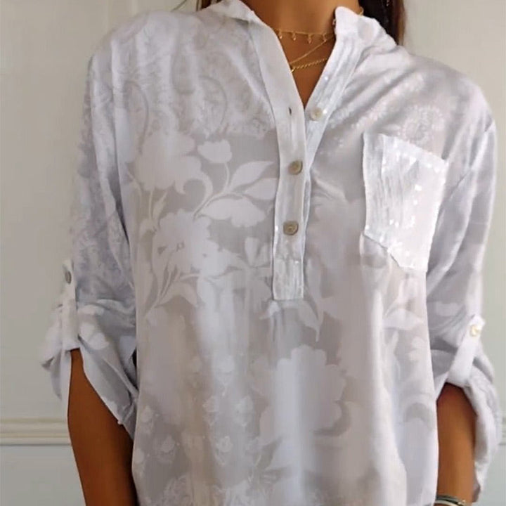 Women’s Printed Blouse with Collar – Half Button Placket and Adjustable Sleeves