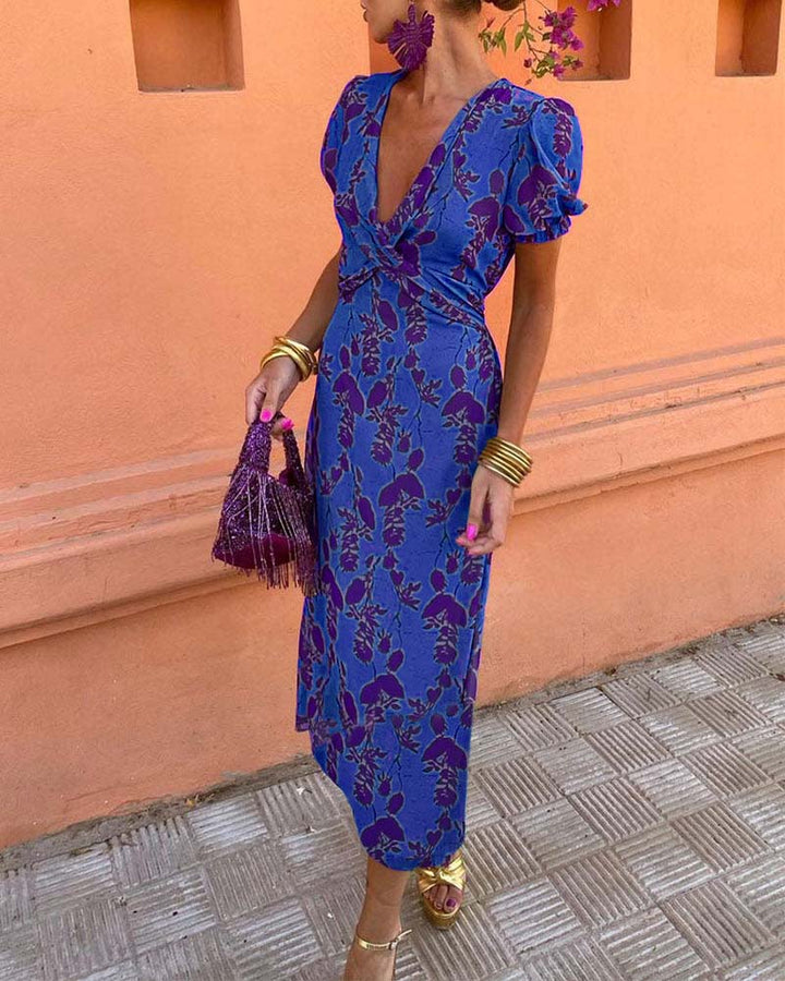 Wrap Midi Dress Women - Puff Sleeves with Floral Print