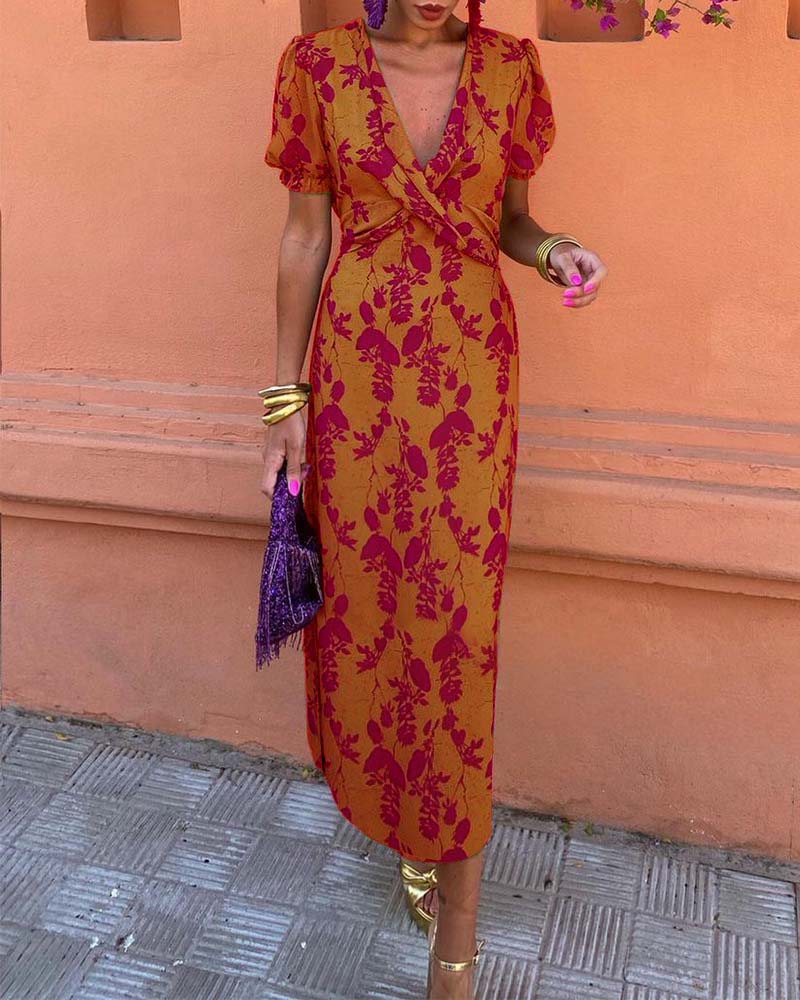 Wrap Midi Dress Women - Puff Sleeves with Floral Print