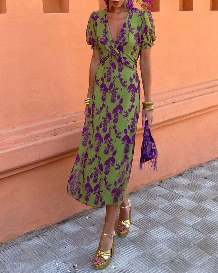 Wrap Midi Dress Women - Puff Sleeves with Floral Print