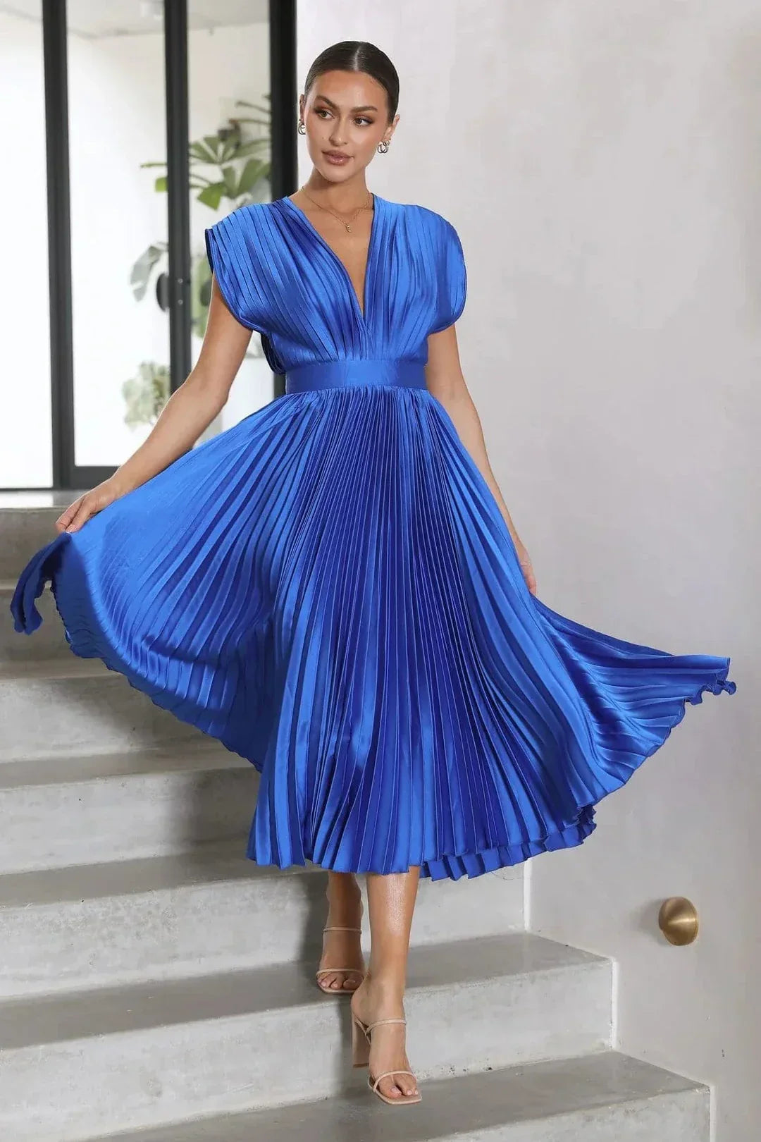 Flurina | Aisha Plunge Midi Dress With Pleats For Elegant Looks