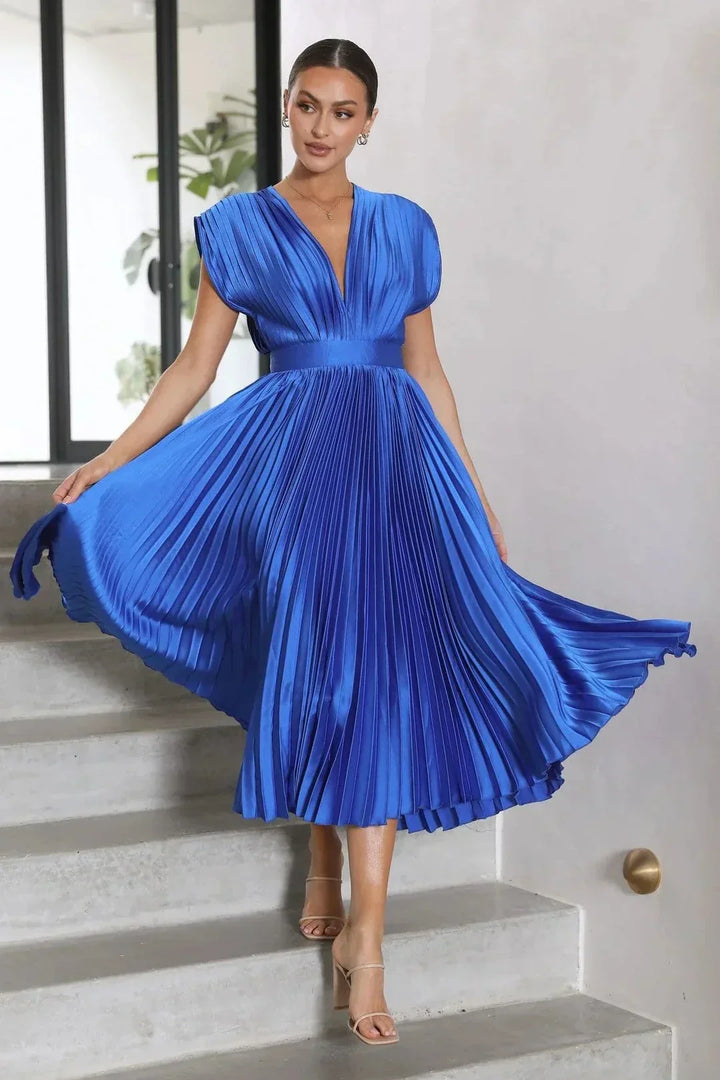 Aisha Plunge Midi Dress With Pleats For Elegant Looks