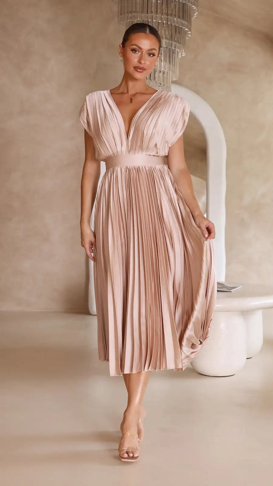 Flurina | Aisha Plunge Midi Dress With Pleats For Elegant Looks