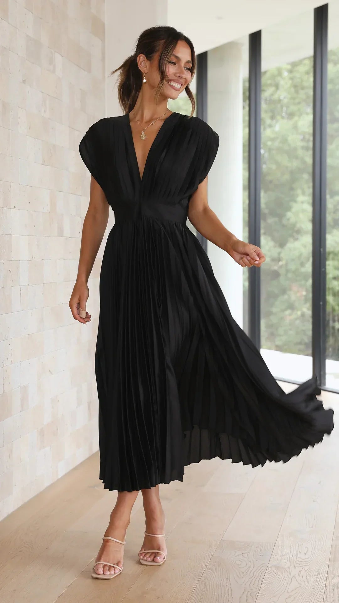 Flurina | Aisha Plunge Midi Dress With Pleats For Elegant Looks
