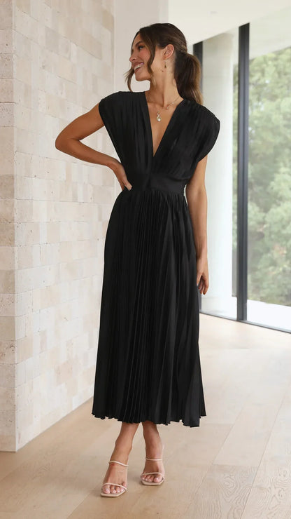 Flurina | Aisha Plunge Midi Dress With Pleats For Elegant Looks