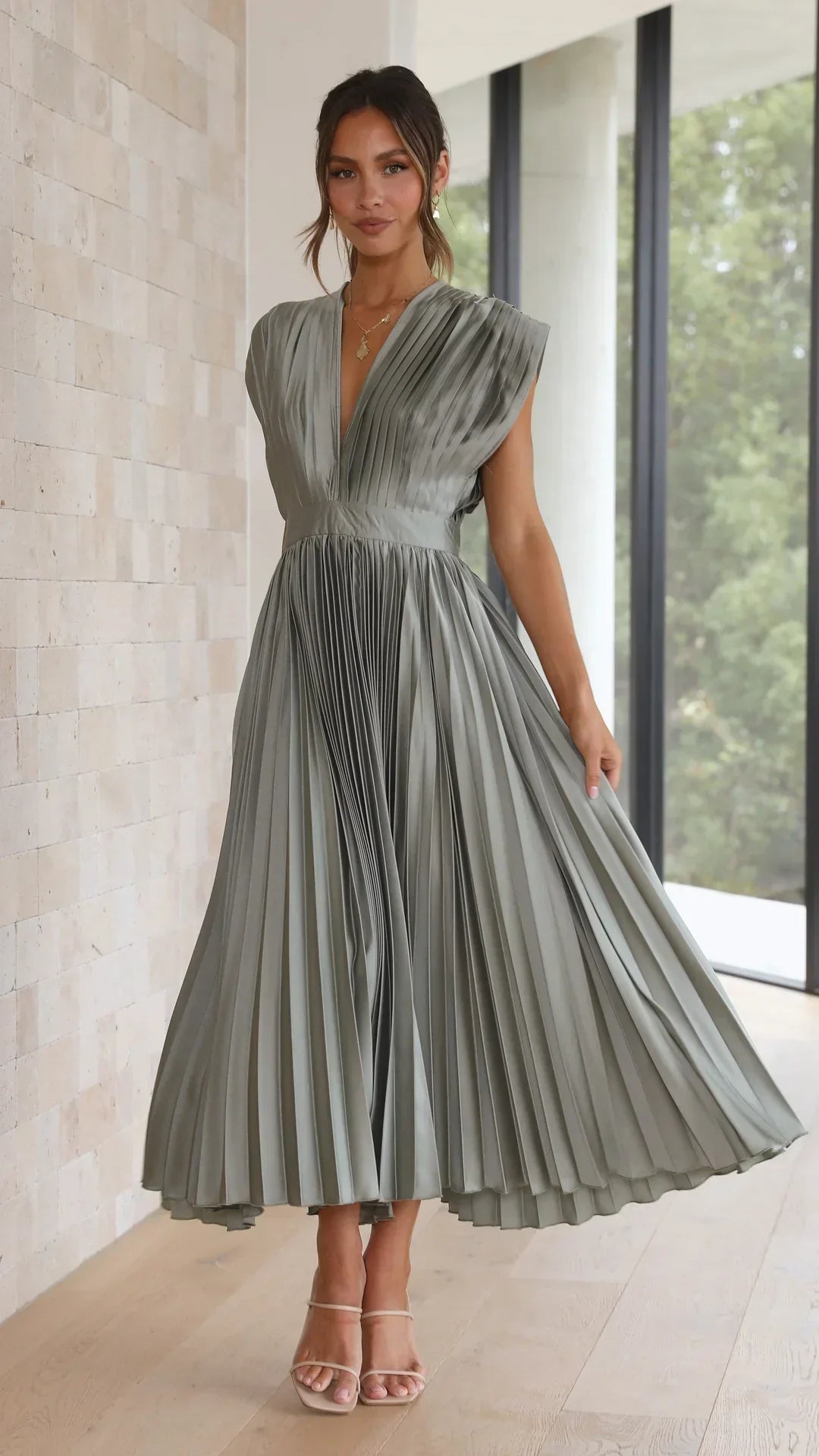 Flurina | Aisha Plunge Midi Dress With Pleats For Elegant Looks