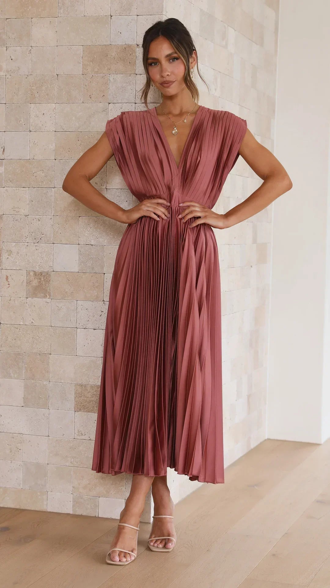 Flurina | Aisha Plunge Midi Dress With Pleats For Elegant Looks