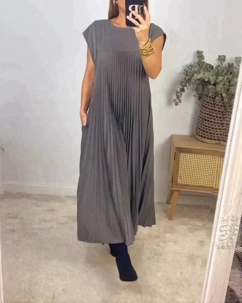 Short Sleeve Pleated Midi Dress Women