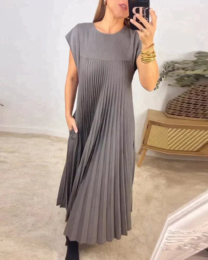 Short Sleeve Pleated Midi Dress Women